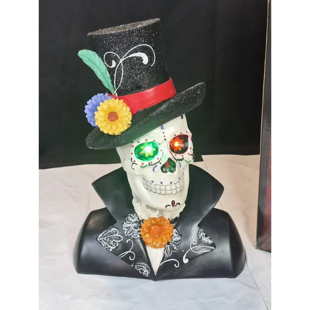 DAY OF THE DEAD SUGAR SKULL with Color Changing LED Light Eyes ~ Halloween Decor